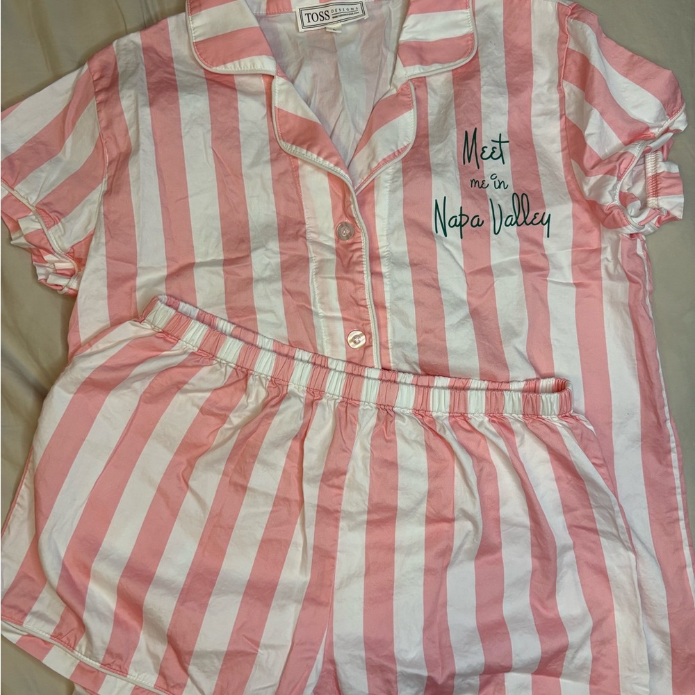 Pink and White Striped Pajama Set with Short Sleeves